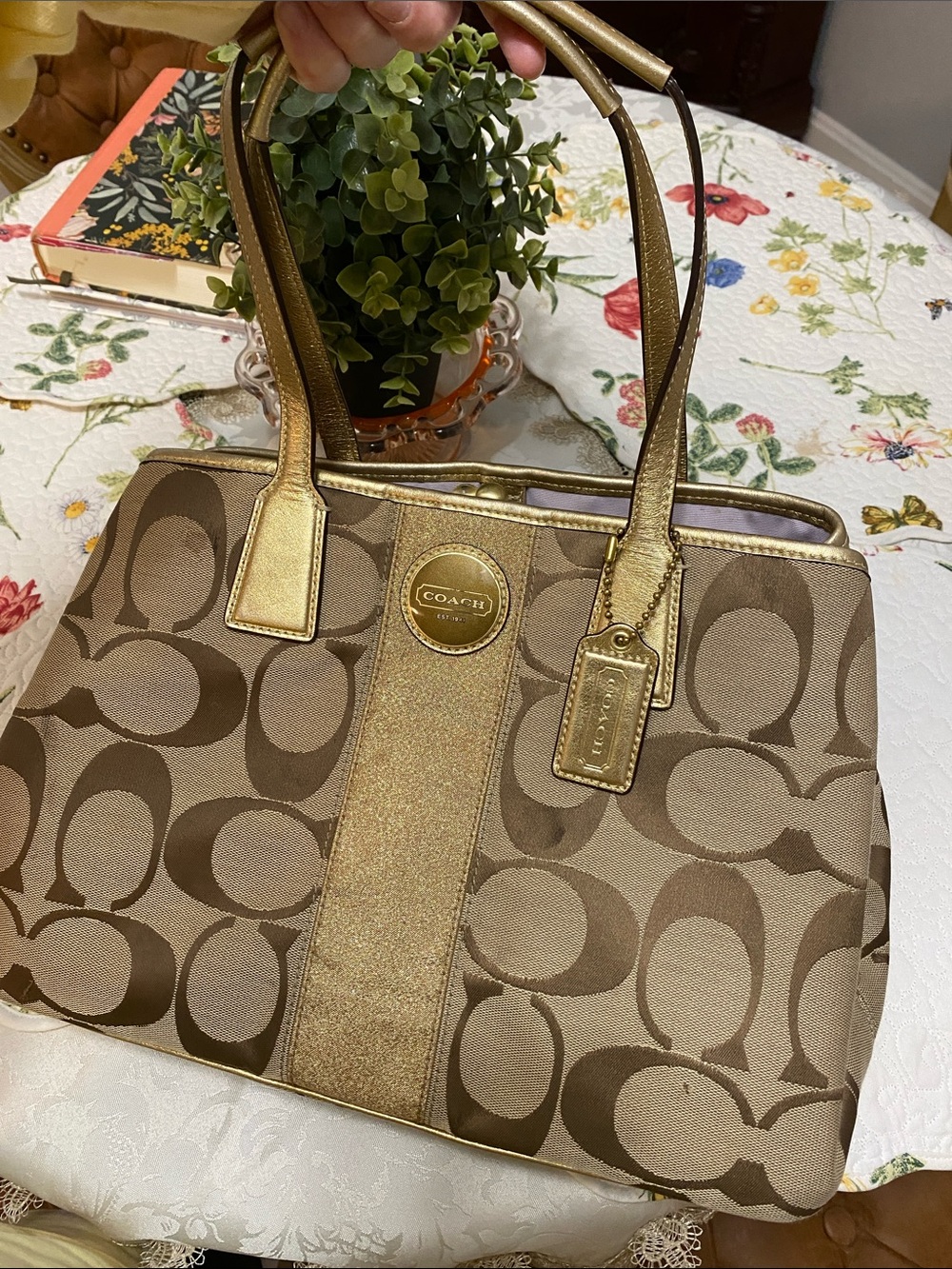 Brown/Gold Canvas Tote with Gold Accents